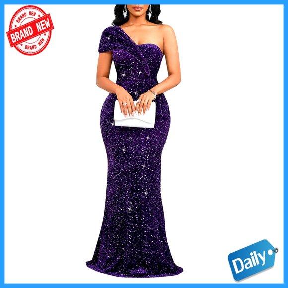 Sequin One Shoulder Mermaid Formal Evening Dress Bodycon Maxi Party Gown